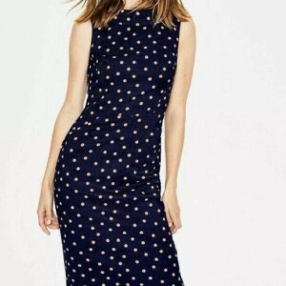 Boden Martha Roll Collar Navy Polka Dot Sleeveless Sheath Dress size 6L